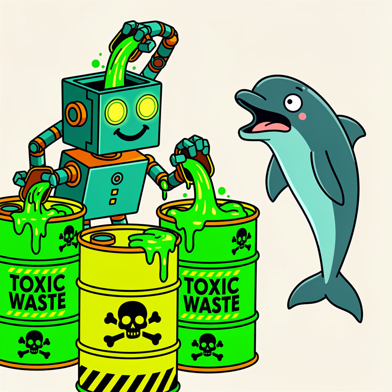 Robot dumping toxic waste from barrels while dolphin watches in horror
