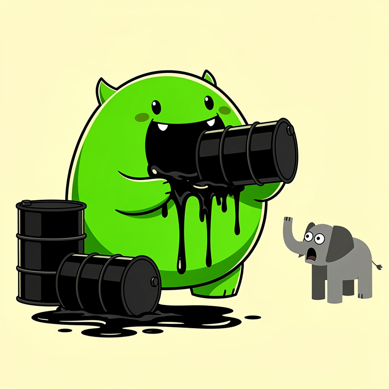 Green monster cartoon character eating oil barrels with scared elephant - humorous illustration about overconsumption and environmental impact
