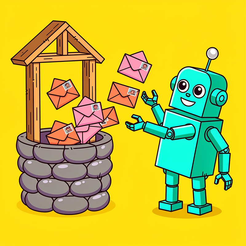Robot mascot delivering colorful email envelopes from a stone well with wooden roof - email marketing and automation concept illustration
