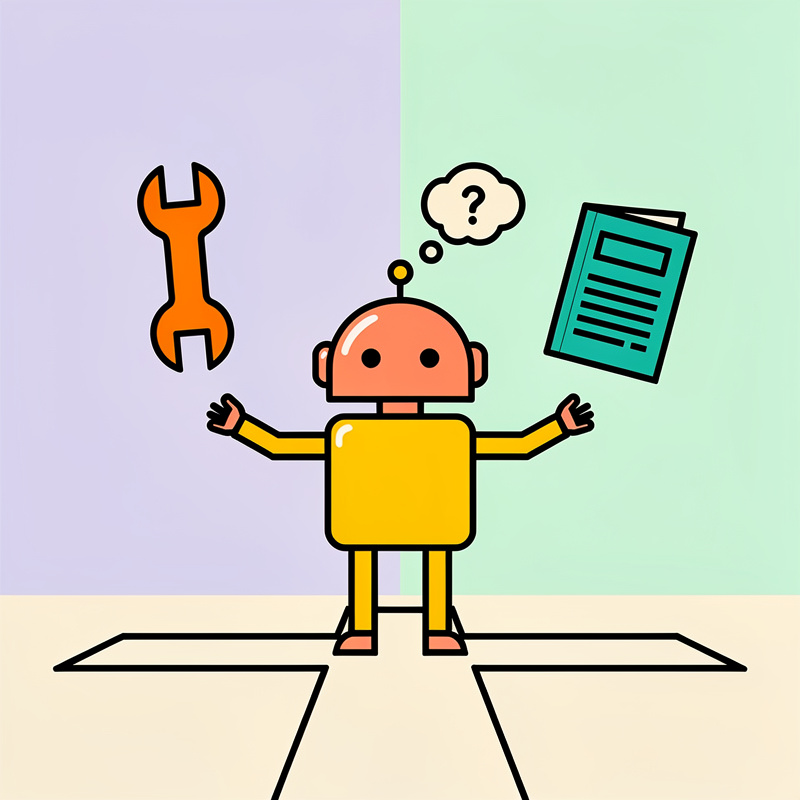 Robot with question mark thought bubble standing between wrench tool and document pages